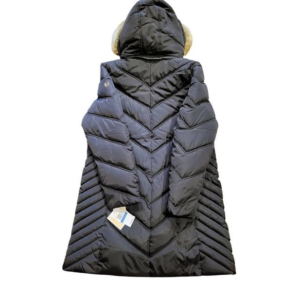NWT Michael Kors Coat Women's XL Black Chevron Puffer Faux Fur Hooded - Picture 2 of 8